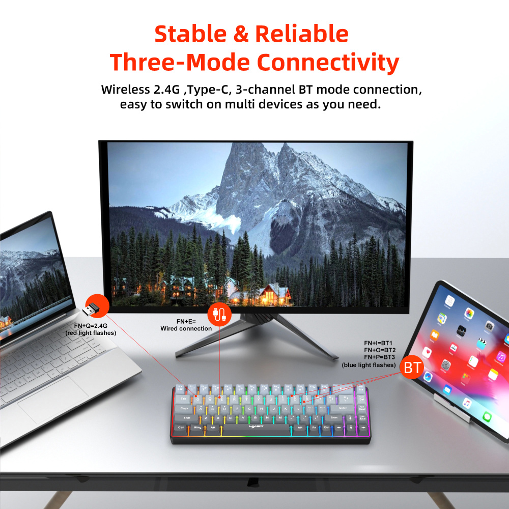 68-key tri-mode wireless Bluetooth membrane gaming keyboard with conflict-free 25 keys, suitable for desktops and laptops, ideal for gamers.